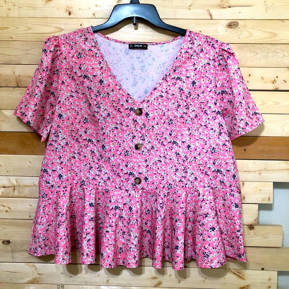 SHEIN Women’s Pink Floral Print VNeck Blouse Top Plus size 2XL